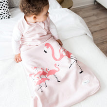 Load image into Gallery viewer, Toddler sitting Cozy Basics Sleep Bag Pink / Flamingos Lifestyle