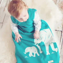 Load image into Gallery viewer, Cozy Basics Sleep Bag Aqua / Elephants Baby sitting Lifestyle