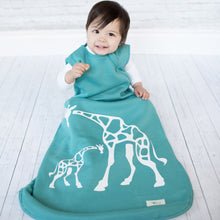 Load image into Gallery viewer, Cozy Basics Sleep Bag Aqua / Giraffes Baby sitting Lifestyle