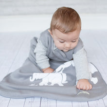 Load image into Gallery viewer, Cozy Basics Sleep Bag Grey / Elephants Baby sitting Lifestyle